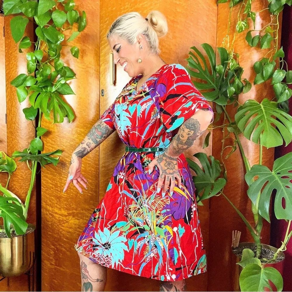 SEARS ROEBUCK 60’s 60s Vintage 70s DEADSTOCK Polished Cotton Hawaiian Dress L XL - Picture 7 of 9